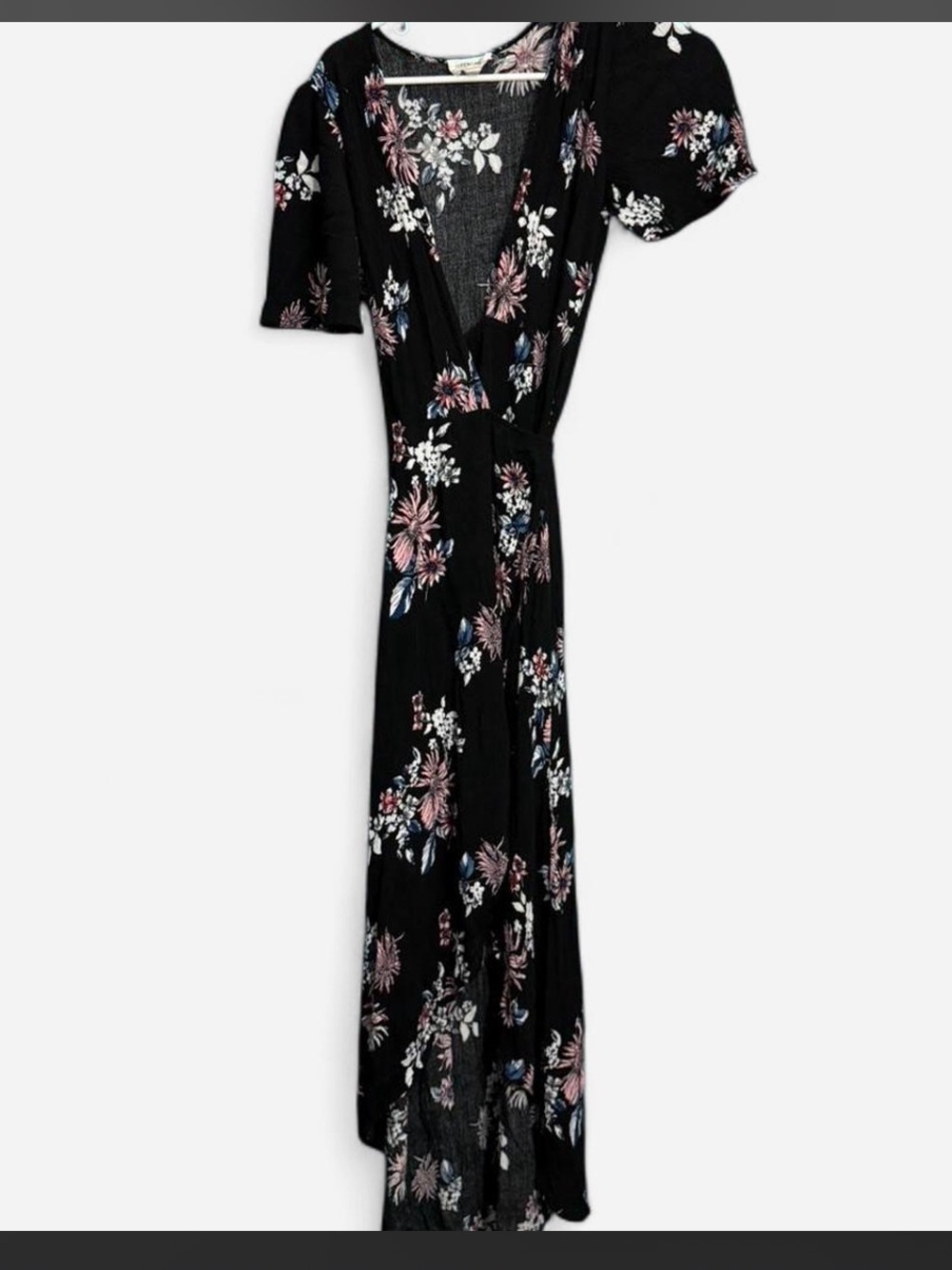 Cotton Candy Black Floral Wrap Maxi Dress with Pink & White Accents